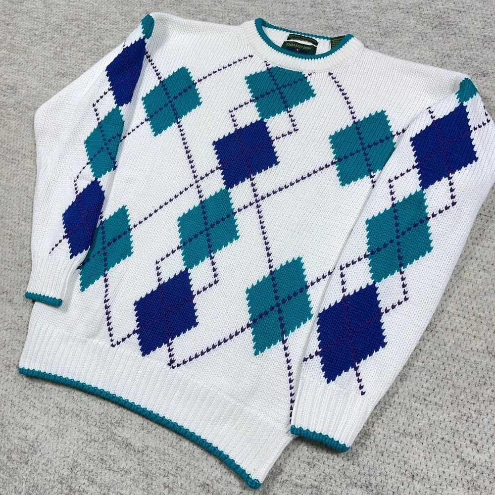 Vintage‎ Grandpa Sweater Men Medium White Teal Diamond Crewneck Heavy Knit 90s *